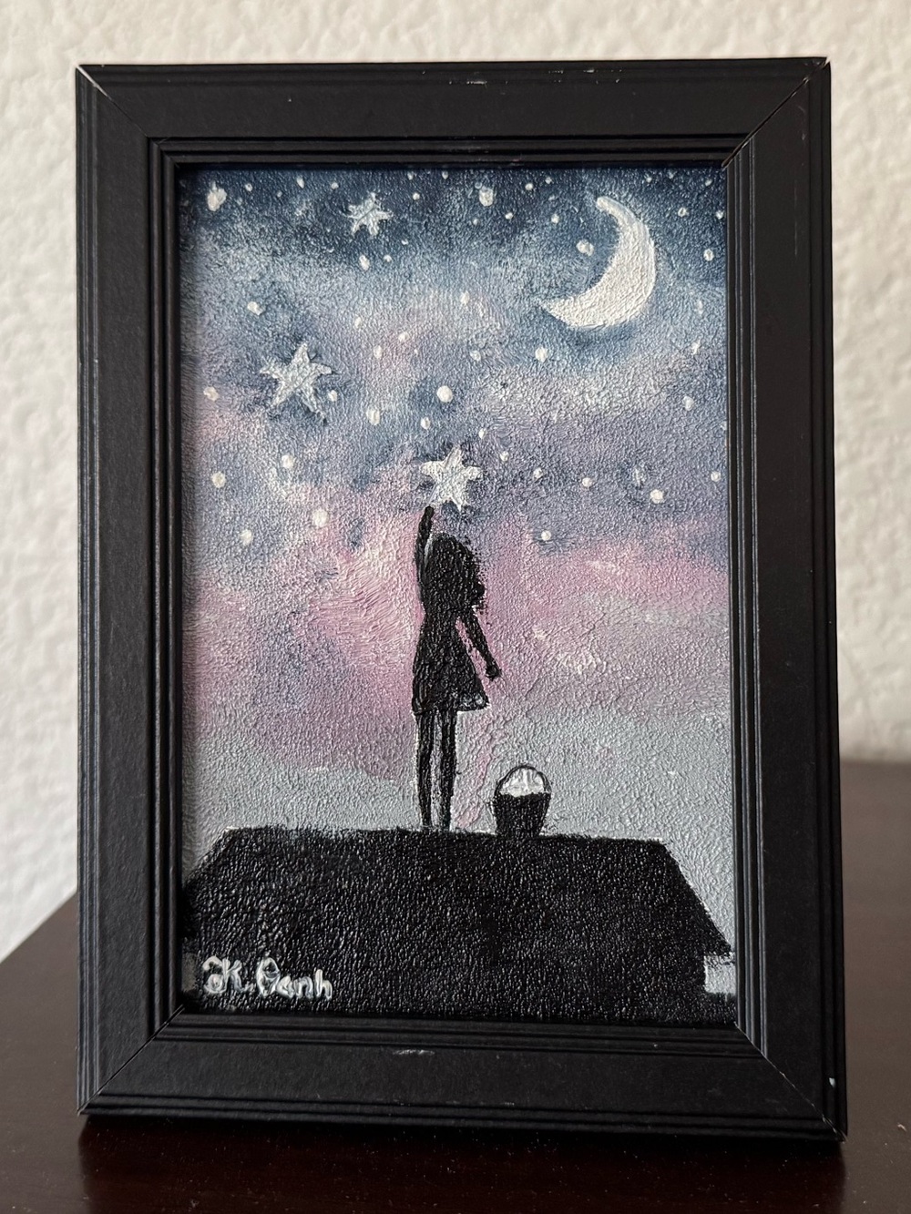 Original oil painting dreamer night sky signed framed 4x6 inches